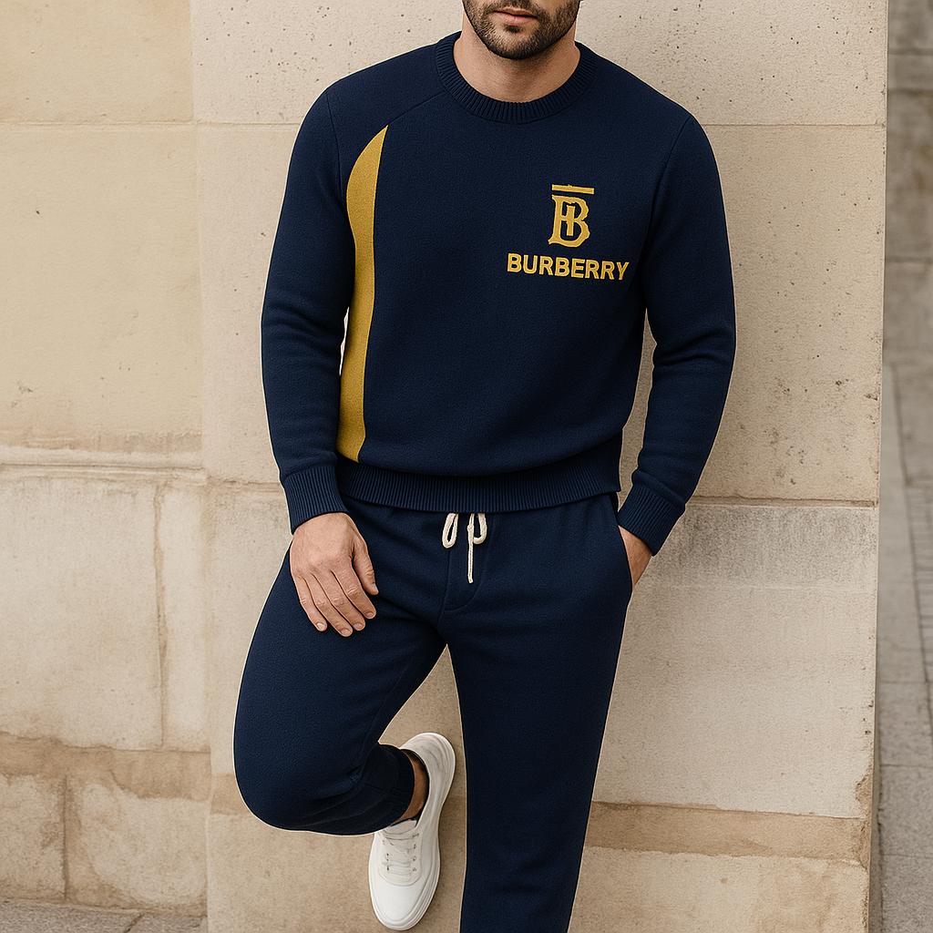 Burberry Navy & Gold Sweater And Pants Set – Luxury Lifestyle Ad