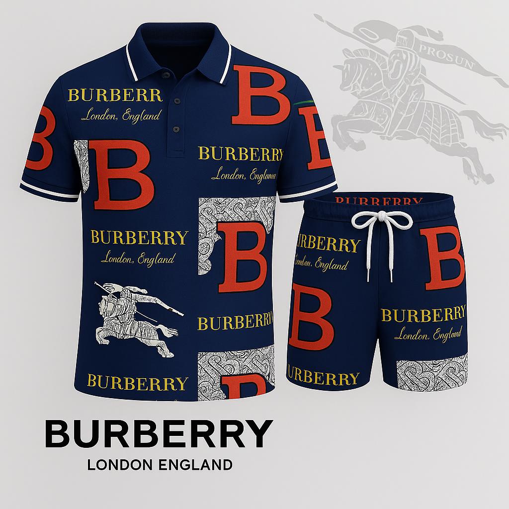 Burberry Navy Polo Short with Bold Monogram and Contrasting Trim