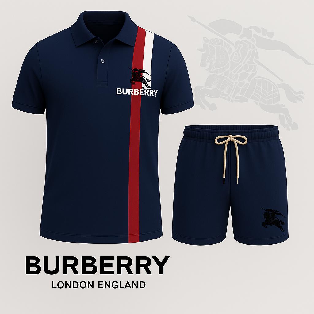 Burberry Navy Polo Short with Bold Red Stripe