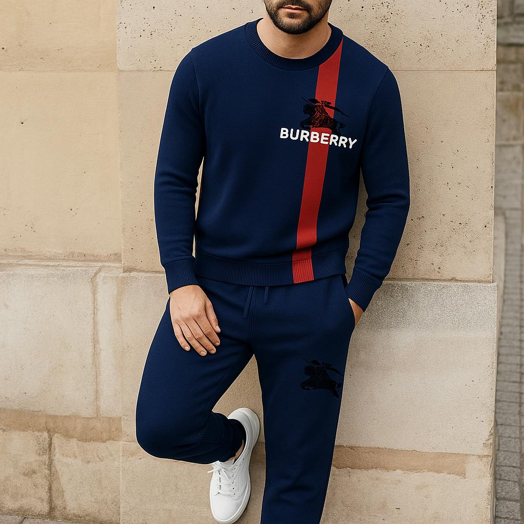 Burberry Navy Sweater & Pants Set with Red Stripe and Iconic Logo