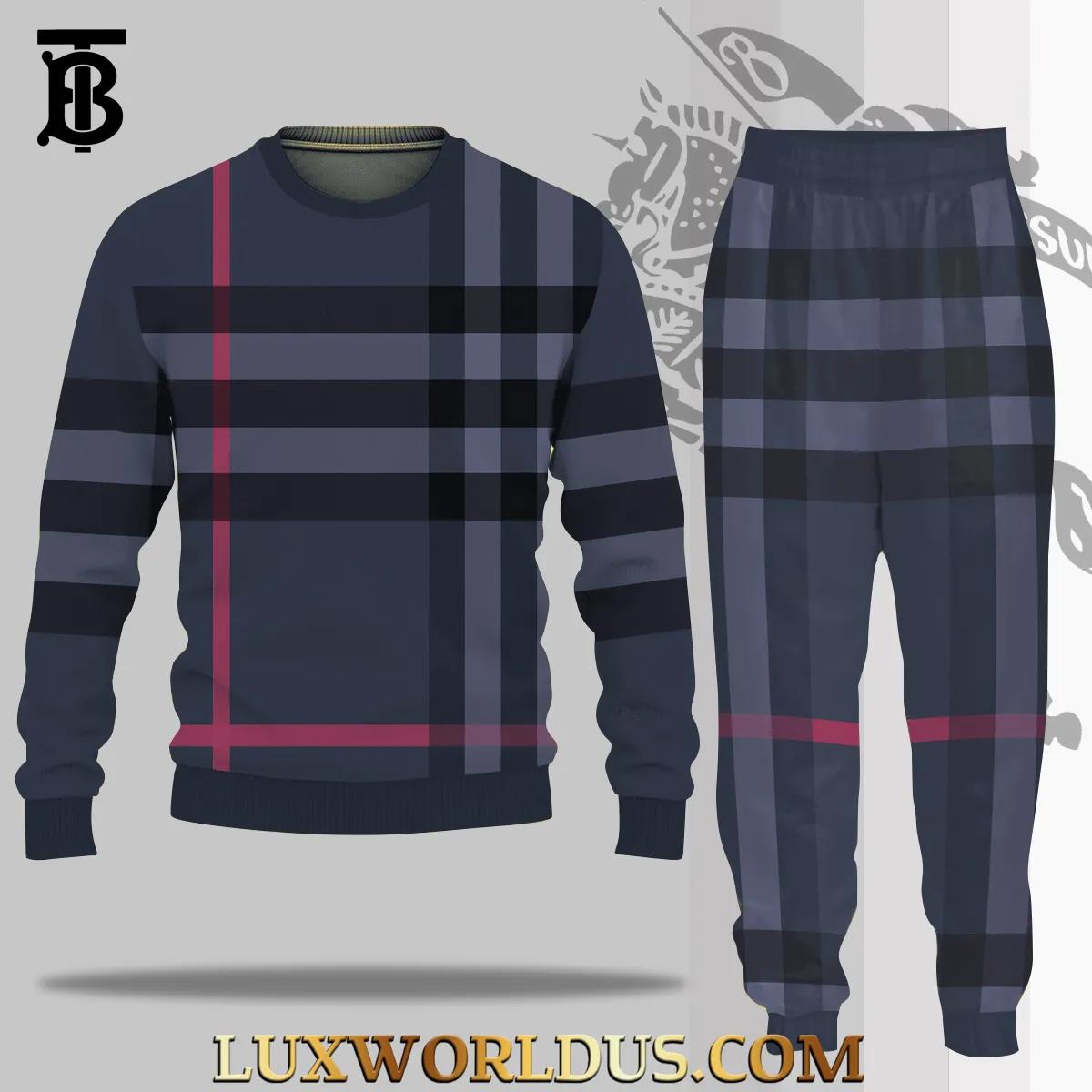 Burberry Plaid Sweater & Joggers Set | Luxurious Navy Blue and Red Striped Knitwear