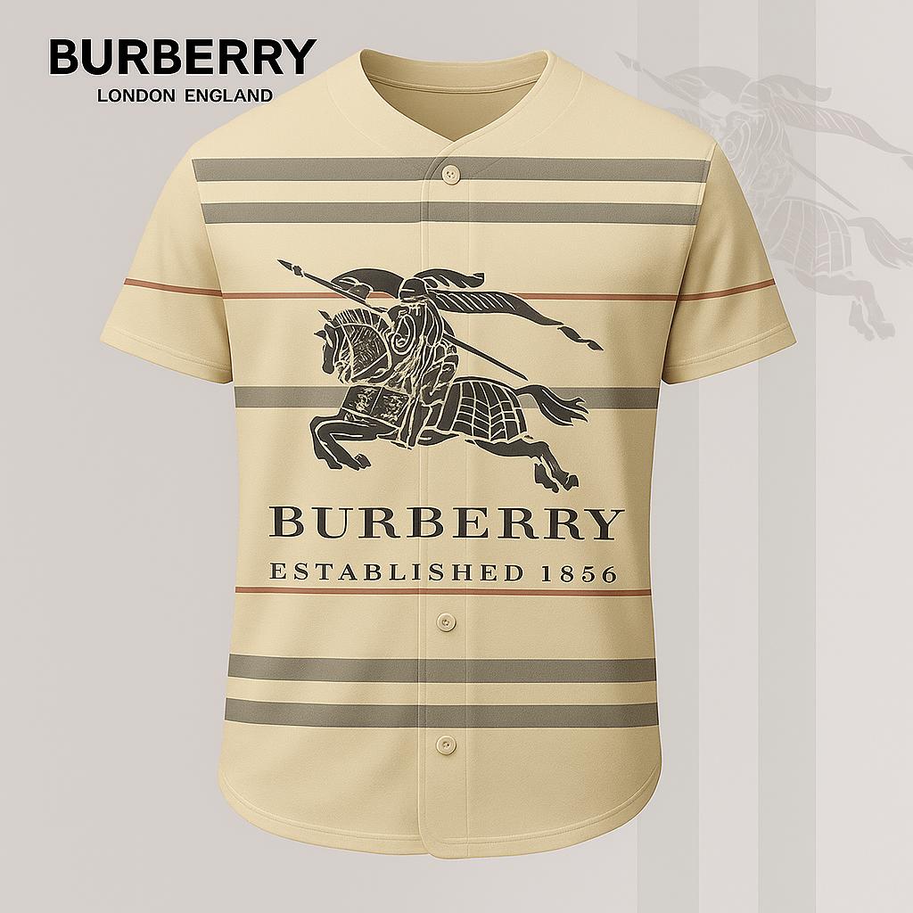 Burberry Premium Baseball Jersey in Soft Beige with Iconic Knight & Stripes
