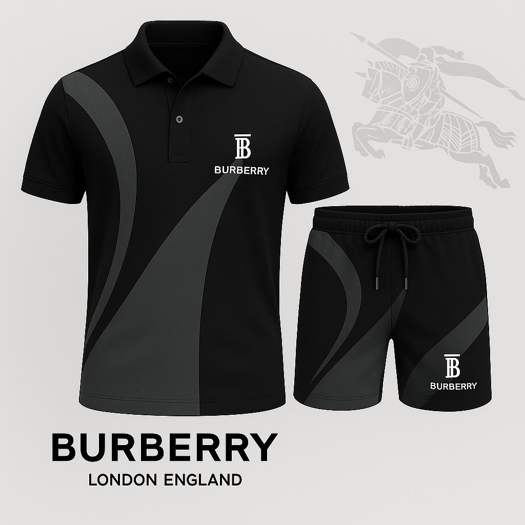 Burberry Premium Polo Short in Bold Black with Geometric Stripes