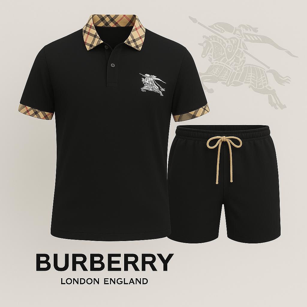 Burberry Premium Polo Short Set Black and White Check Collar