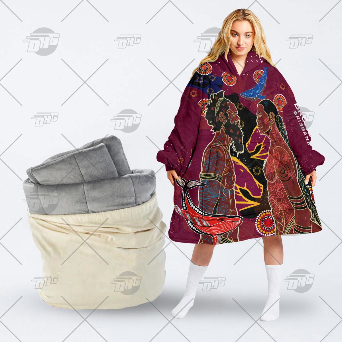 Burgundy Artisan Hoodie Blanket Oodie with Traditional Whales and Women's Figures