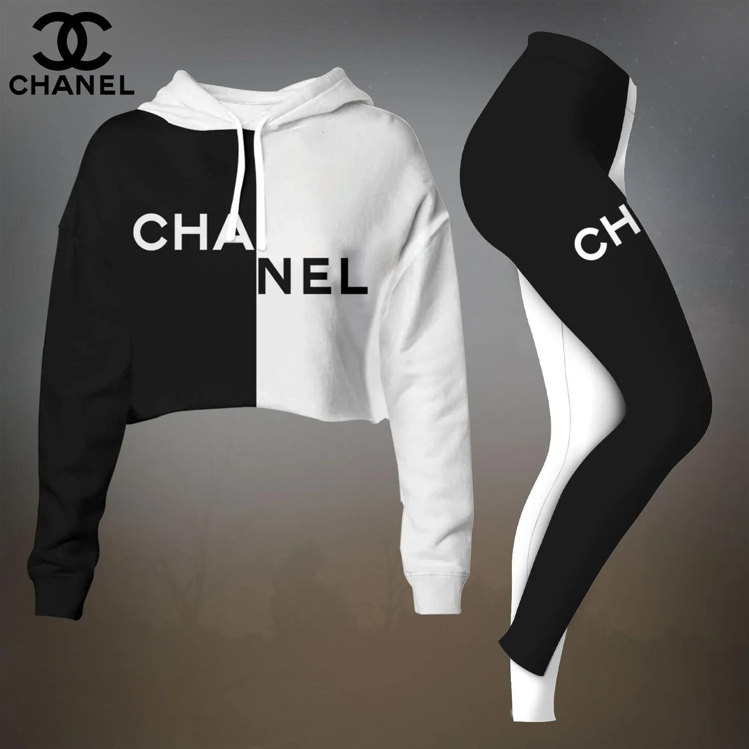 Chanel Bold Black & White Crop-Top T-Shirt and Leggings Set
