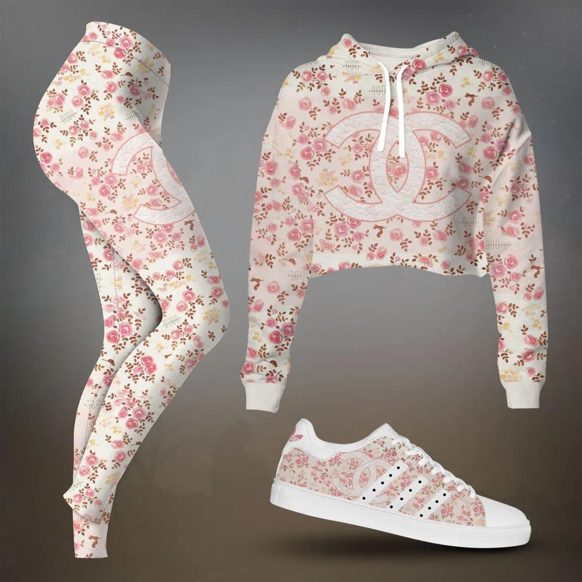 Chanel Floral Crop-Top T-Shirt and Leggings Set with Luxe Sneakers