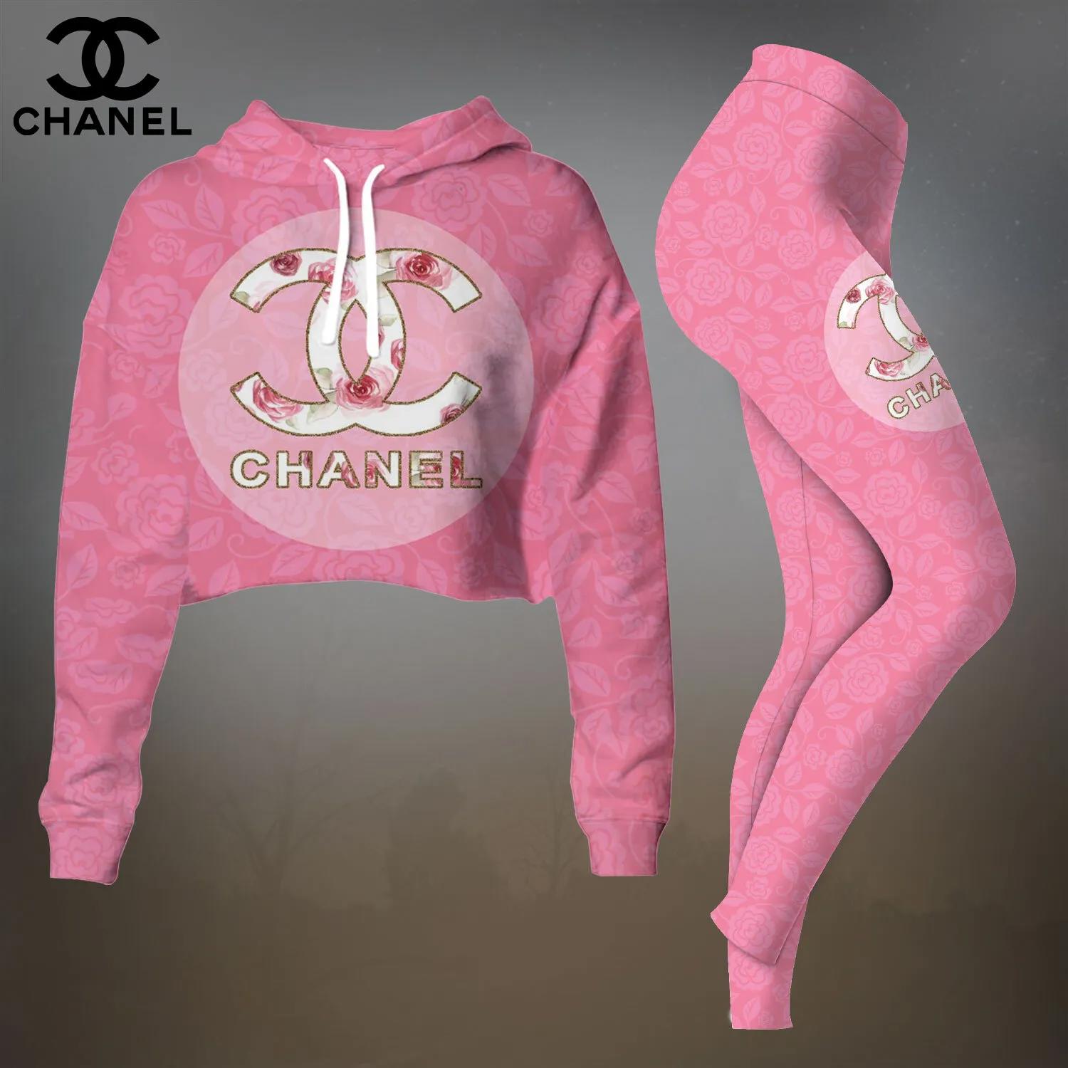 Chanel Floral Cropped Hoodie and Leggings Set