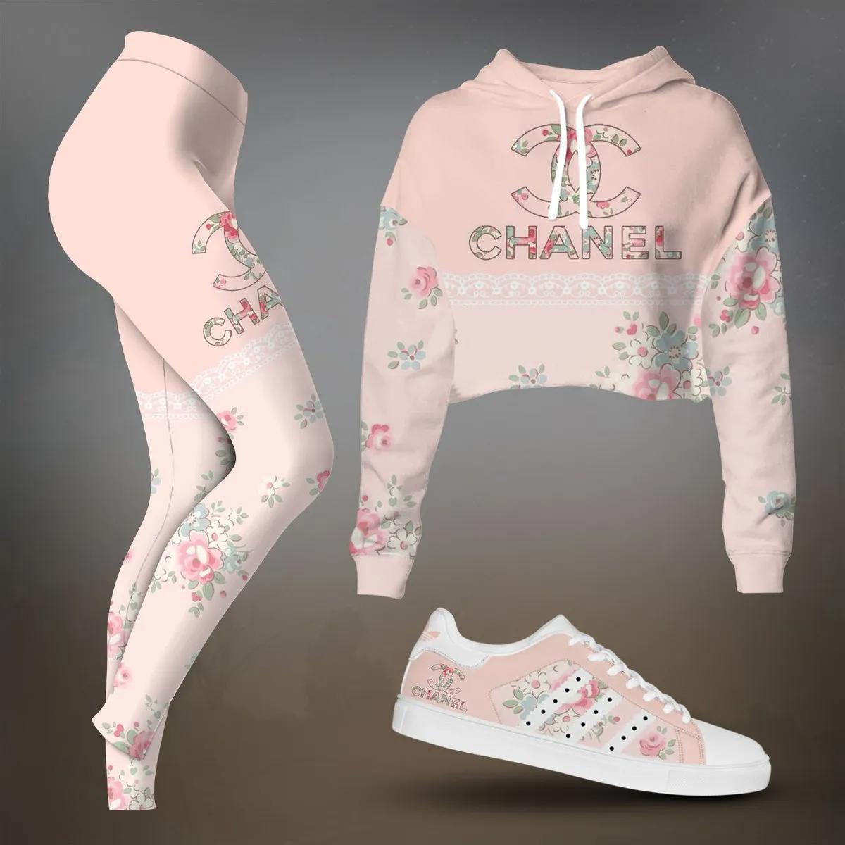 Chanel Floral Cropped Hoodie & Leggings Set in Pink and Luxurious Design