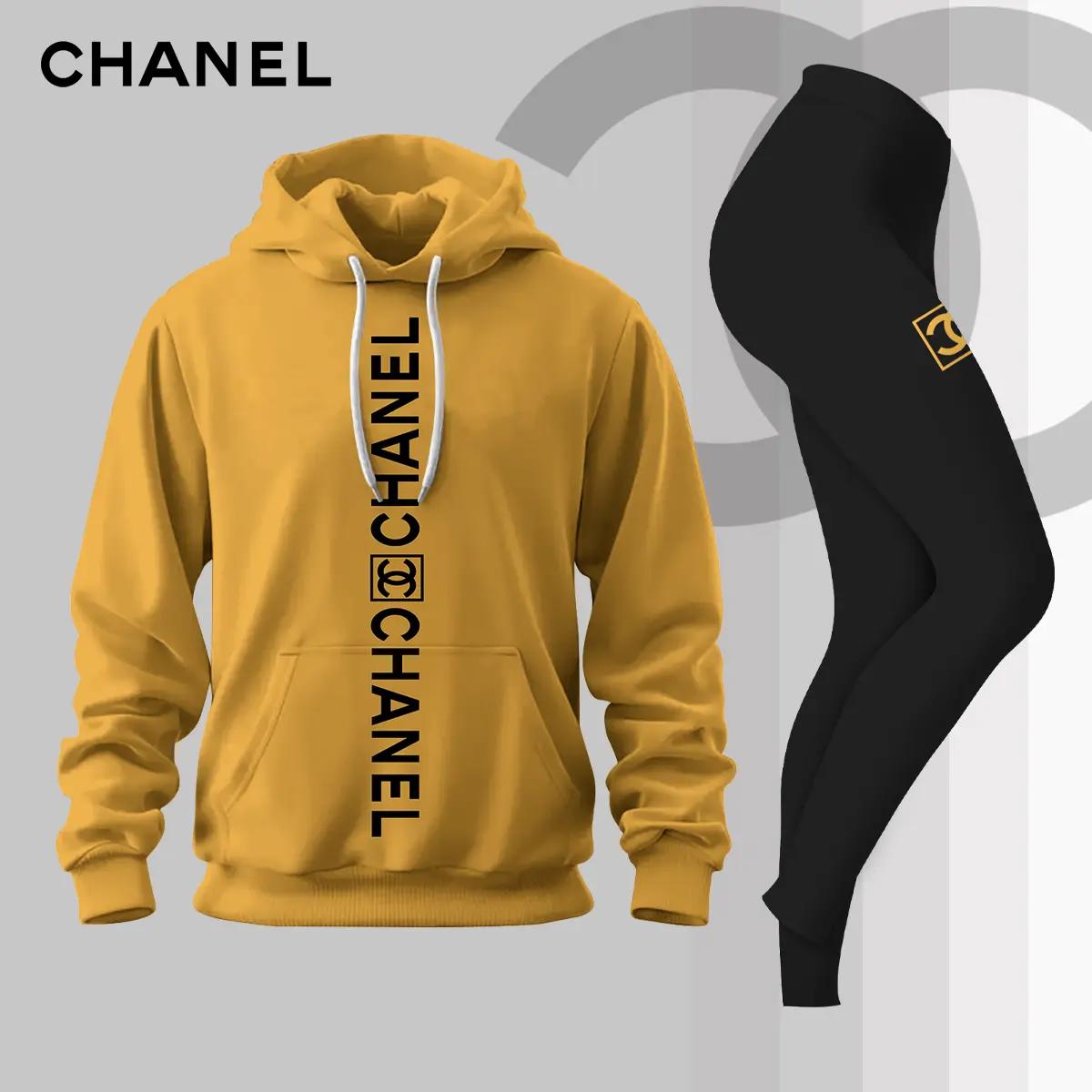 CHANEL Gold Hoodie with Black Leggings Set