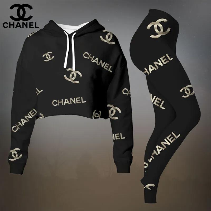 Chanel Golden Logo Crop-Top T-Shirt and Leggings Set | Black & Luxe