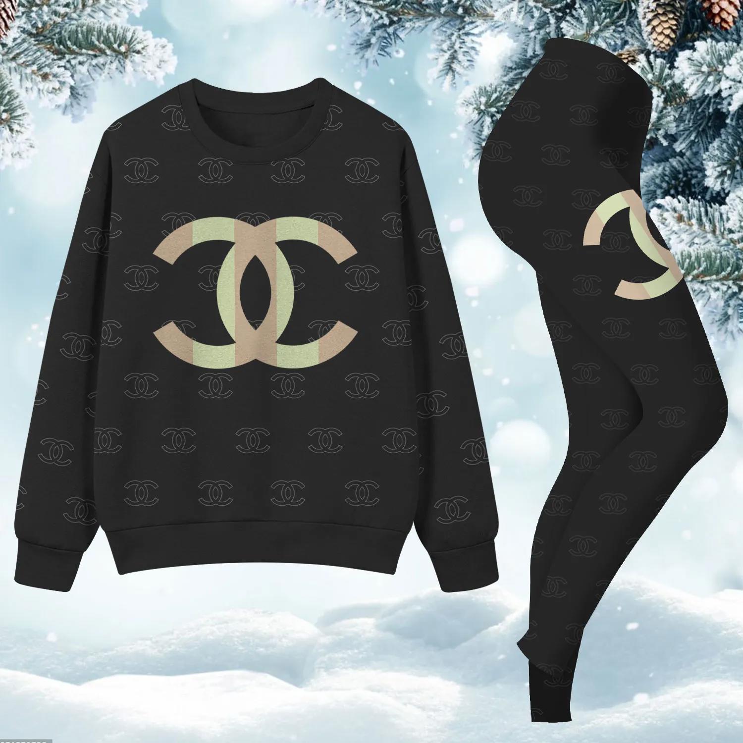 Chanel Iconic Camouflage Black Sweatshirt & Leggings Set