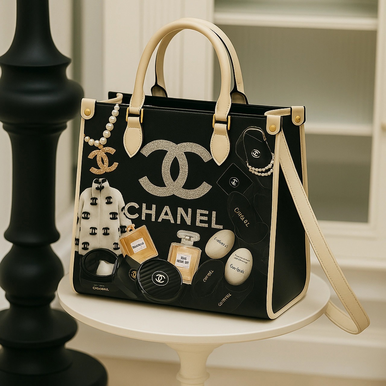 Chanel Iconic Glitter Tote Bag with Pearl Accents and White Handles