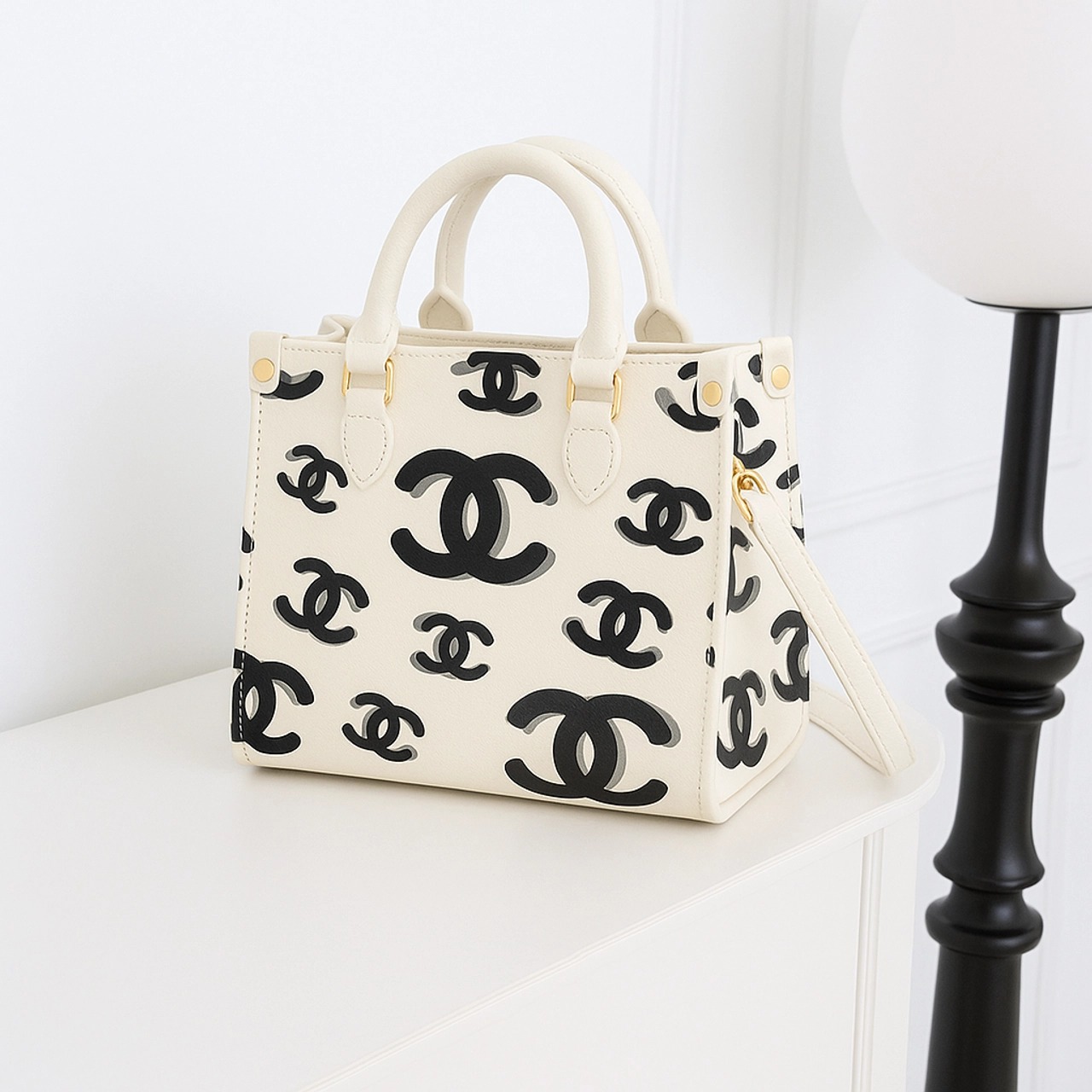 Chanel Iconic Leather Handbag in Cream and Black Monogrammed Luxury Statement Bag
