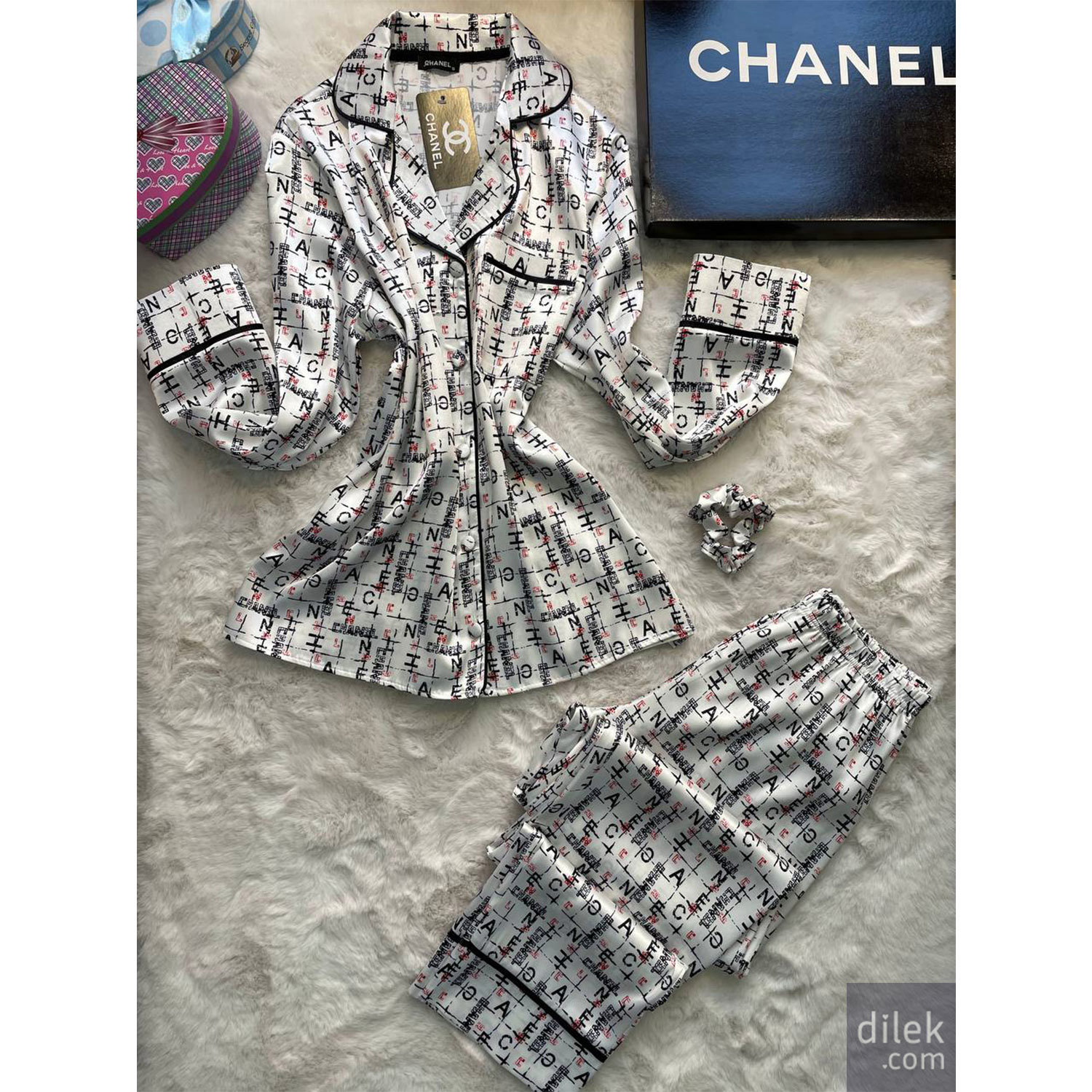 Chanel Iconic Letter Print Silk Pajama Set