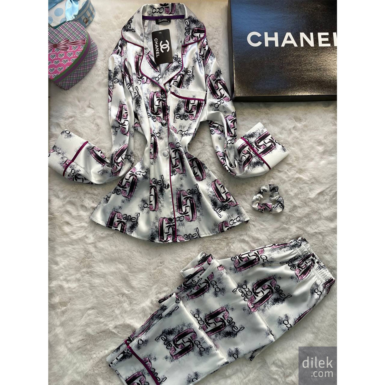 Chanel Iconic Silk Satin Printed Pajama Set