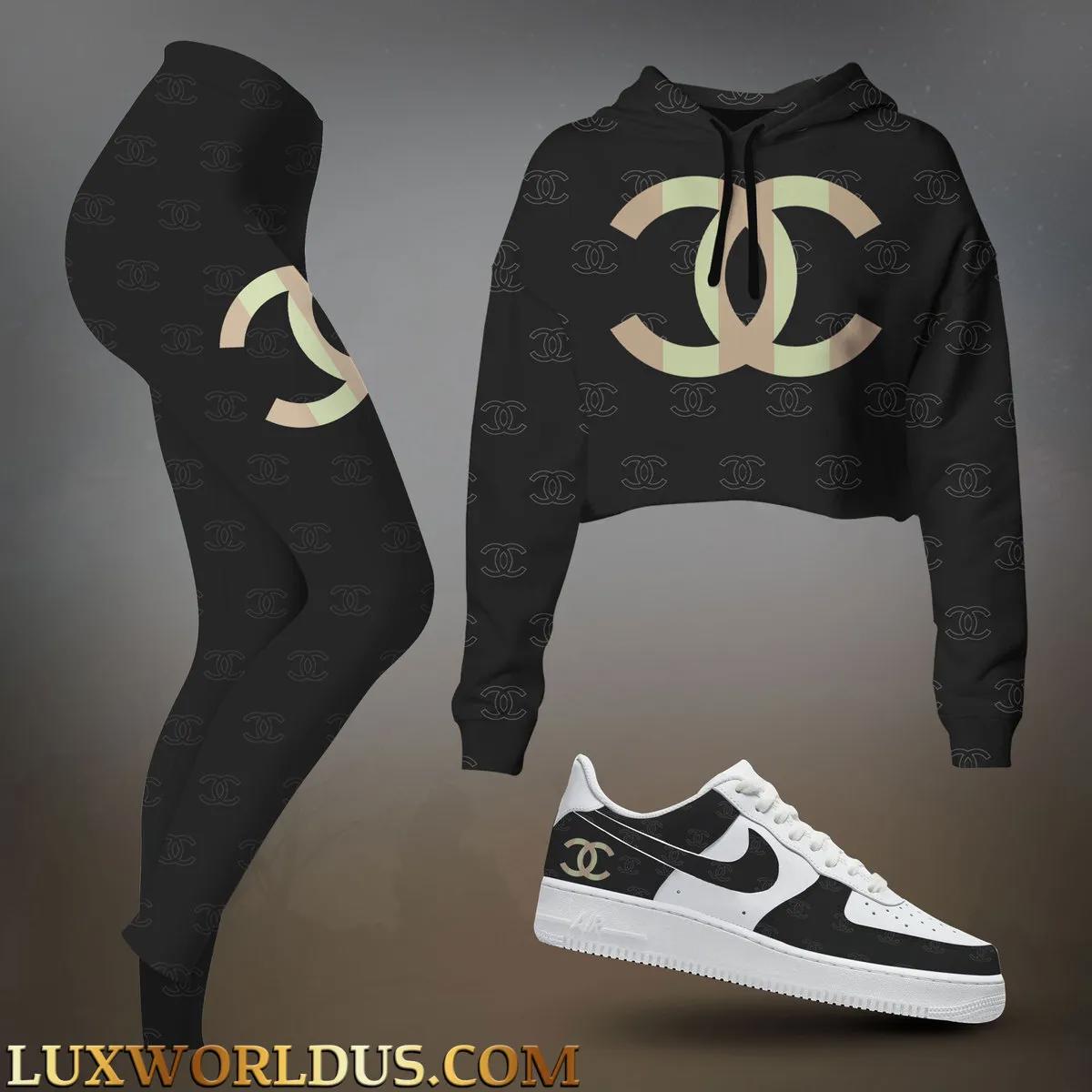 Chanel Logo Hoodie & Leggings Set + Black and White Nike Air Force One Sneakers