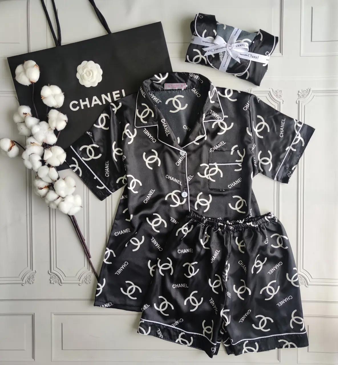 Chanel Logo Satin Pajama Set in Black and White