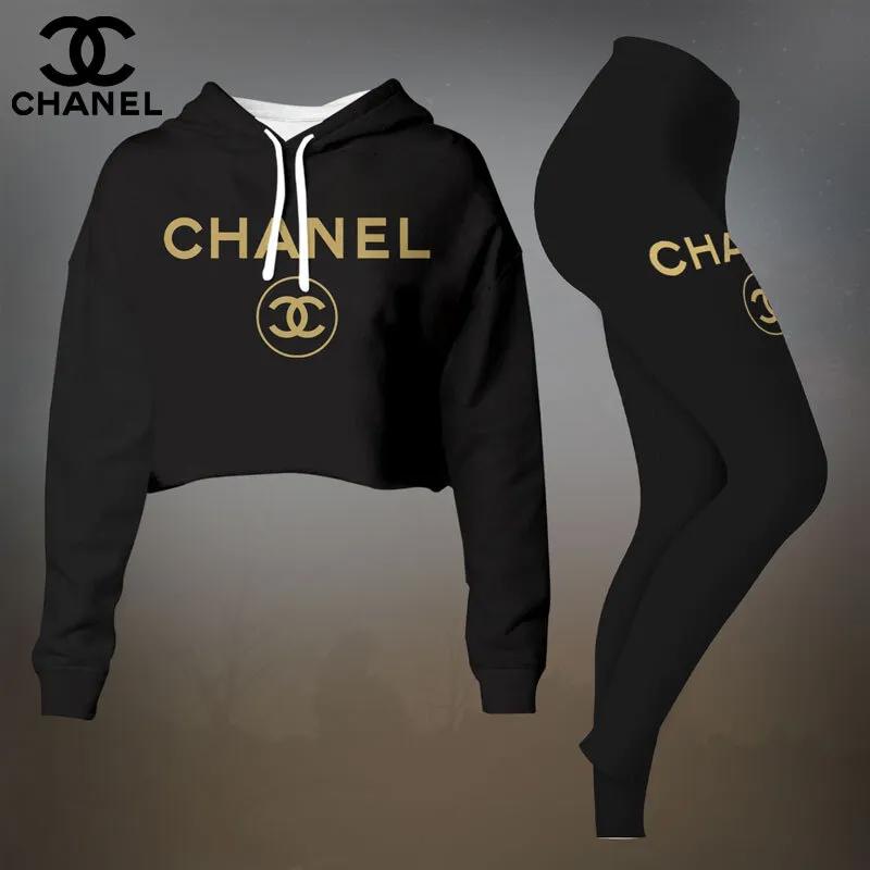 Chanel Luxe Black Gold Logo Crop-Top T-Shirt and Leggings Set - Modern Minimalist Style