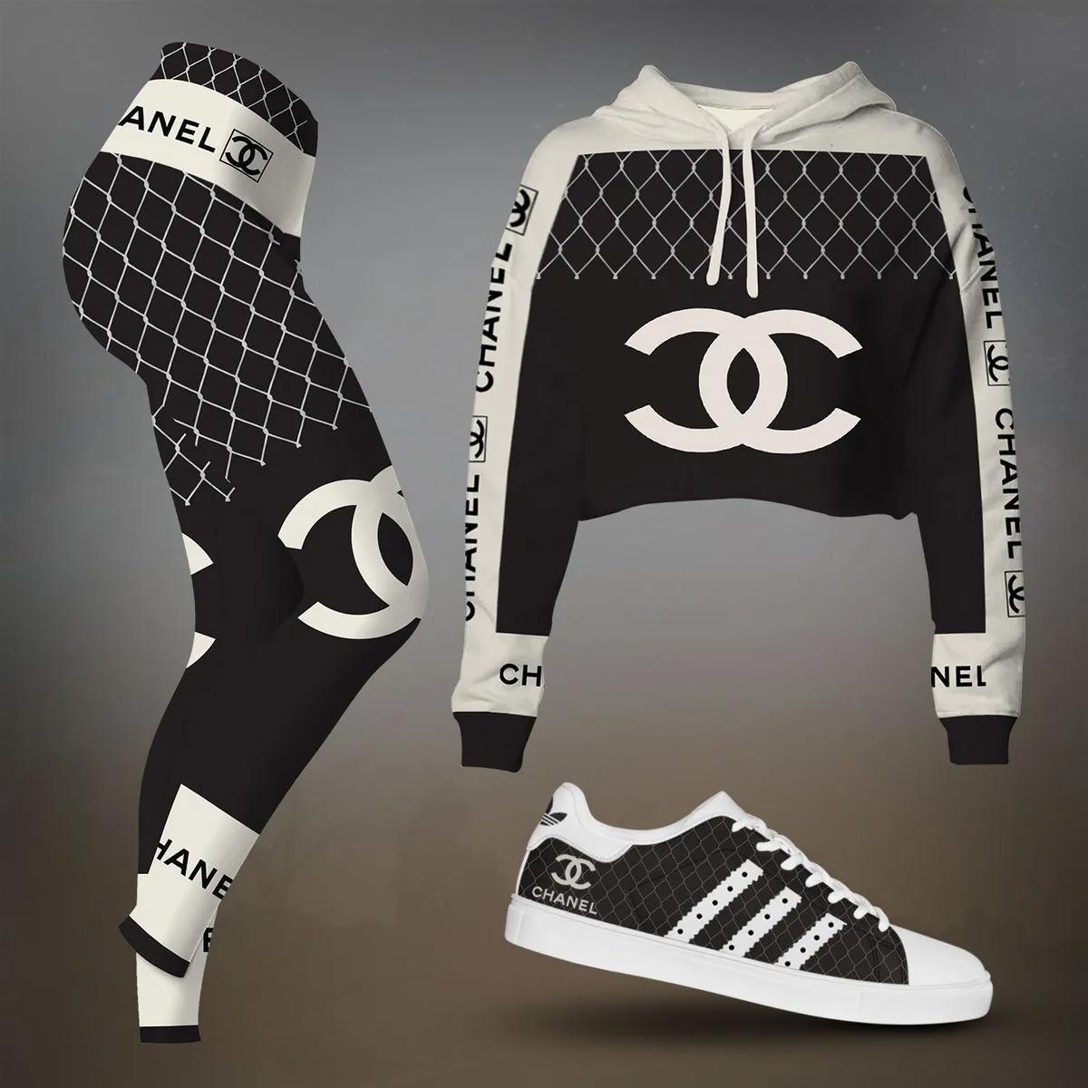 Chanel Luxe Grid Crop-Top T-Shirt and Leggings Set - Chic Black & White Ensemble