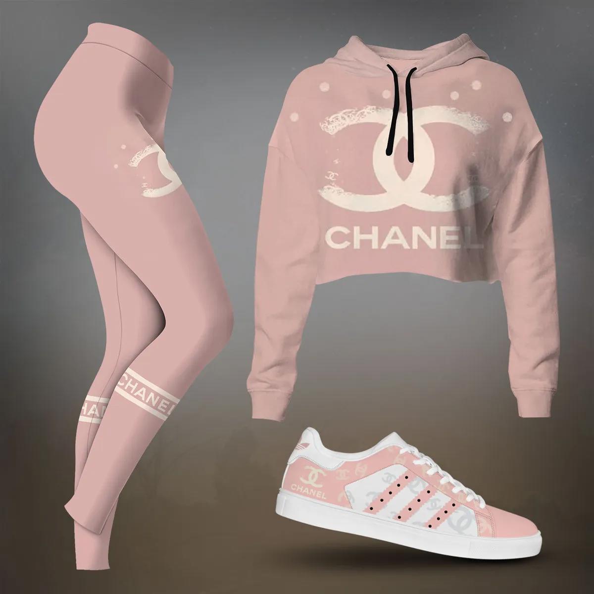 Chanel Luxe Pink Cropped Set with White Sneakers and Monogram Print