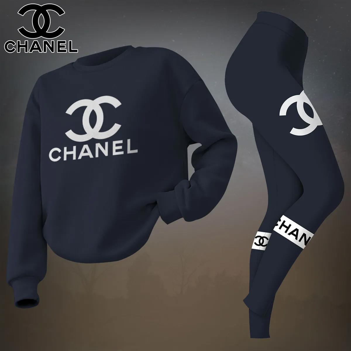 Chanel Luxury Navy Blue Sweatshirt & Leggings Set with Bold CC Logo
