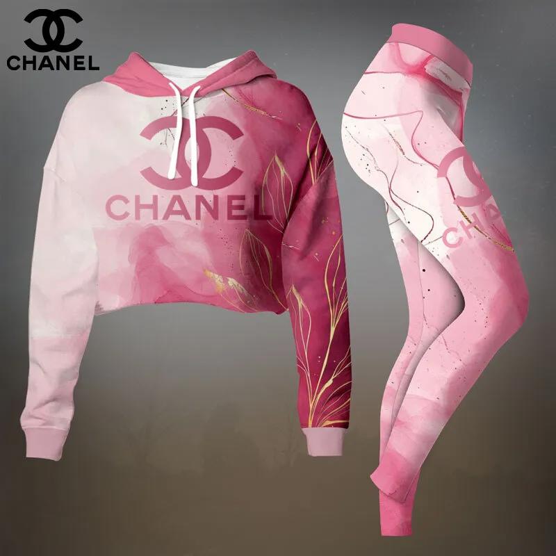 Chanel Luxury Pink Marble Crop-Top T-Shirt and Leggings Set - Chic Style