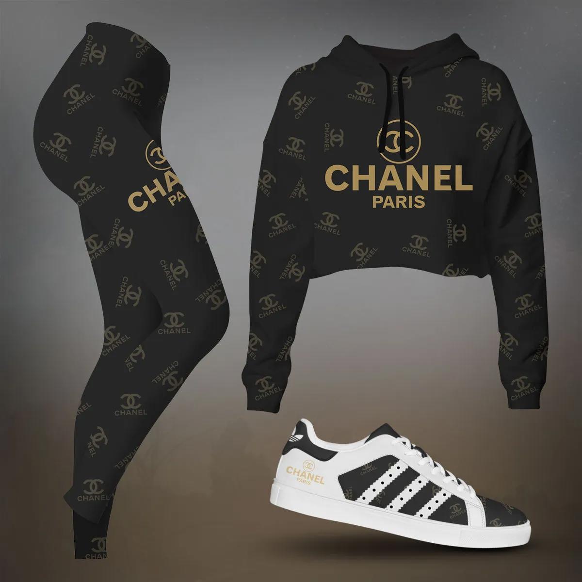 Chanel Paris Cropped Hoodie and Leggings Set in Bold Black and Gold
