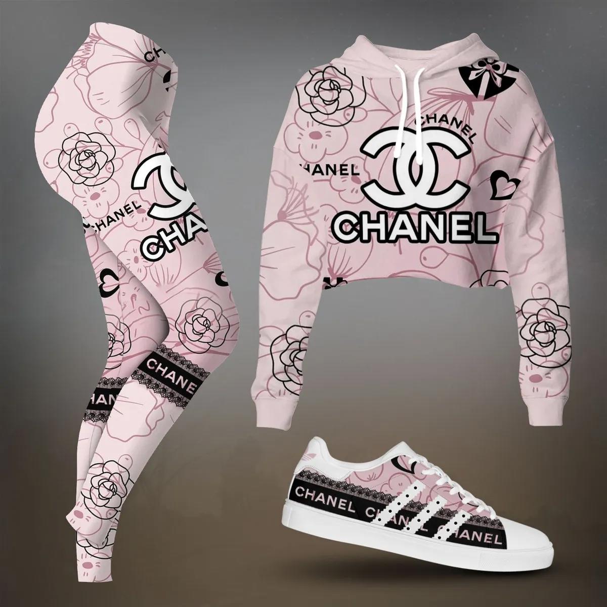 Chanel Pink Floral Crop-Top T-Shirt and Leggings Set with Lace Trim