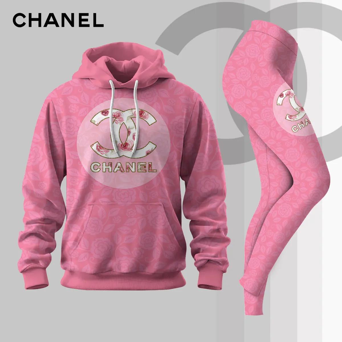 Chanel Pink Rose Hoodie and Leggings Set