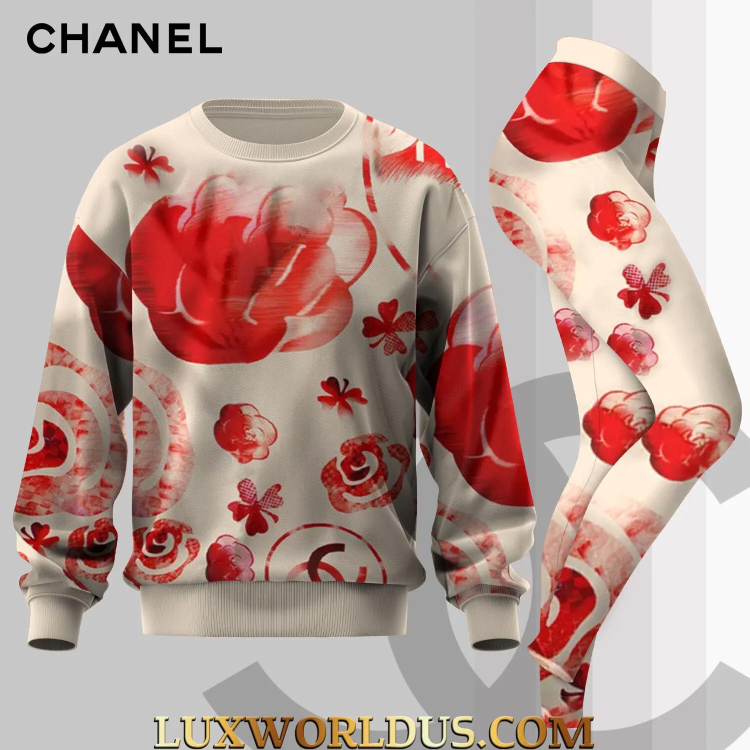 Chanel Red Floral Sweatsuit & Leggings Set