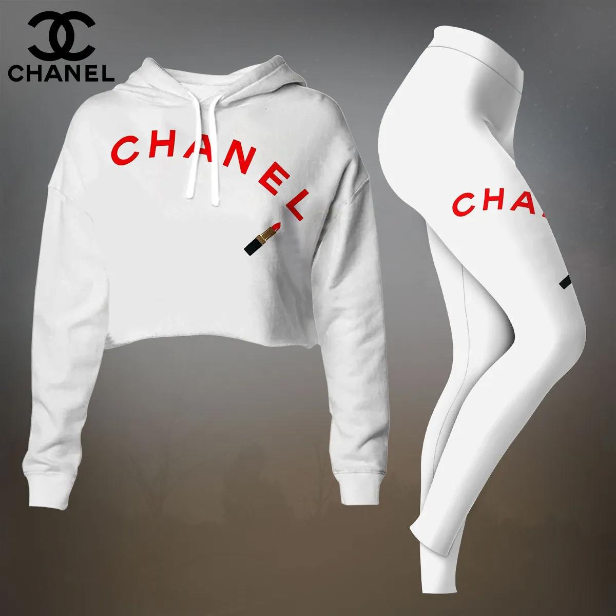 Chanel Red Lipstick Crop-Top T-Shirt and Leggings Set - Chic White Luxury Look