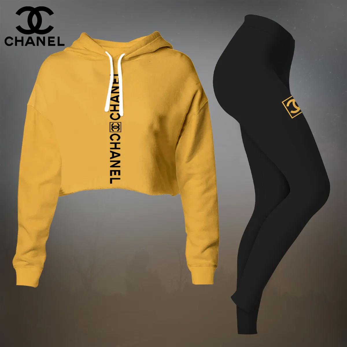Chanel Yellow Cropped Hoodie and Leggings Set with Bold Logo Print
