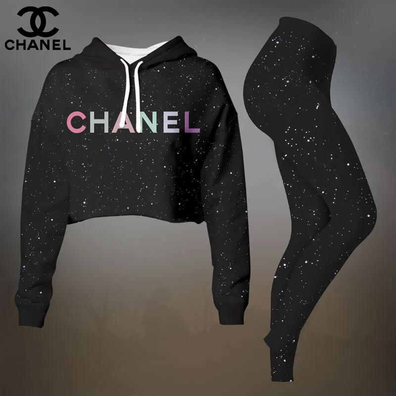 Chanel's Bold Galaxy Crop-Top T-Shirt and Leggings Set - Luxe Statement Look