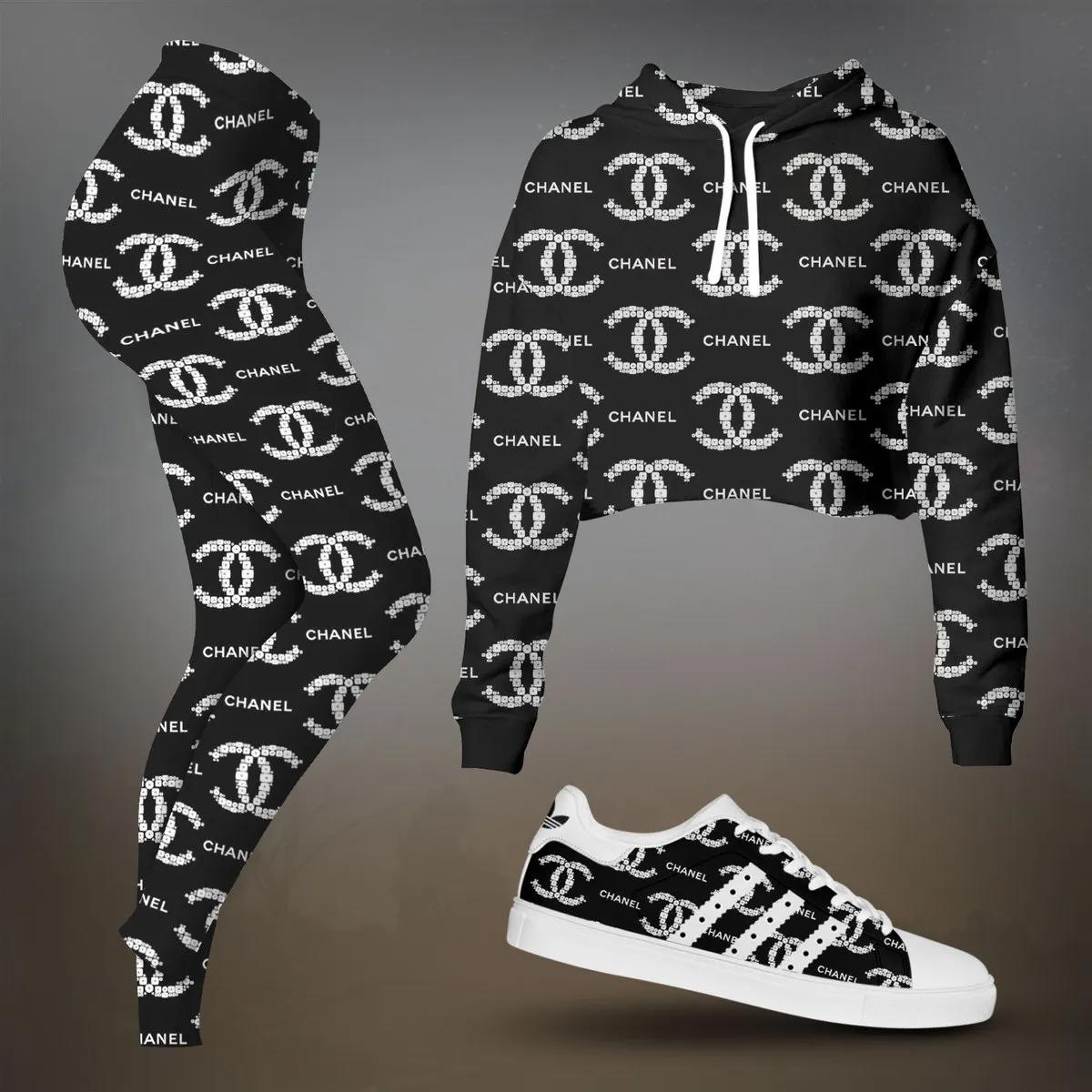 Chanel's Iconic Black and White Crop-Top T-Shirt and Leggings Set with Sneakers