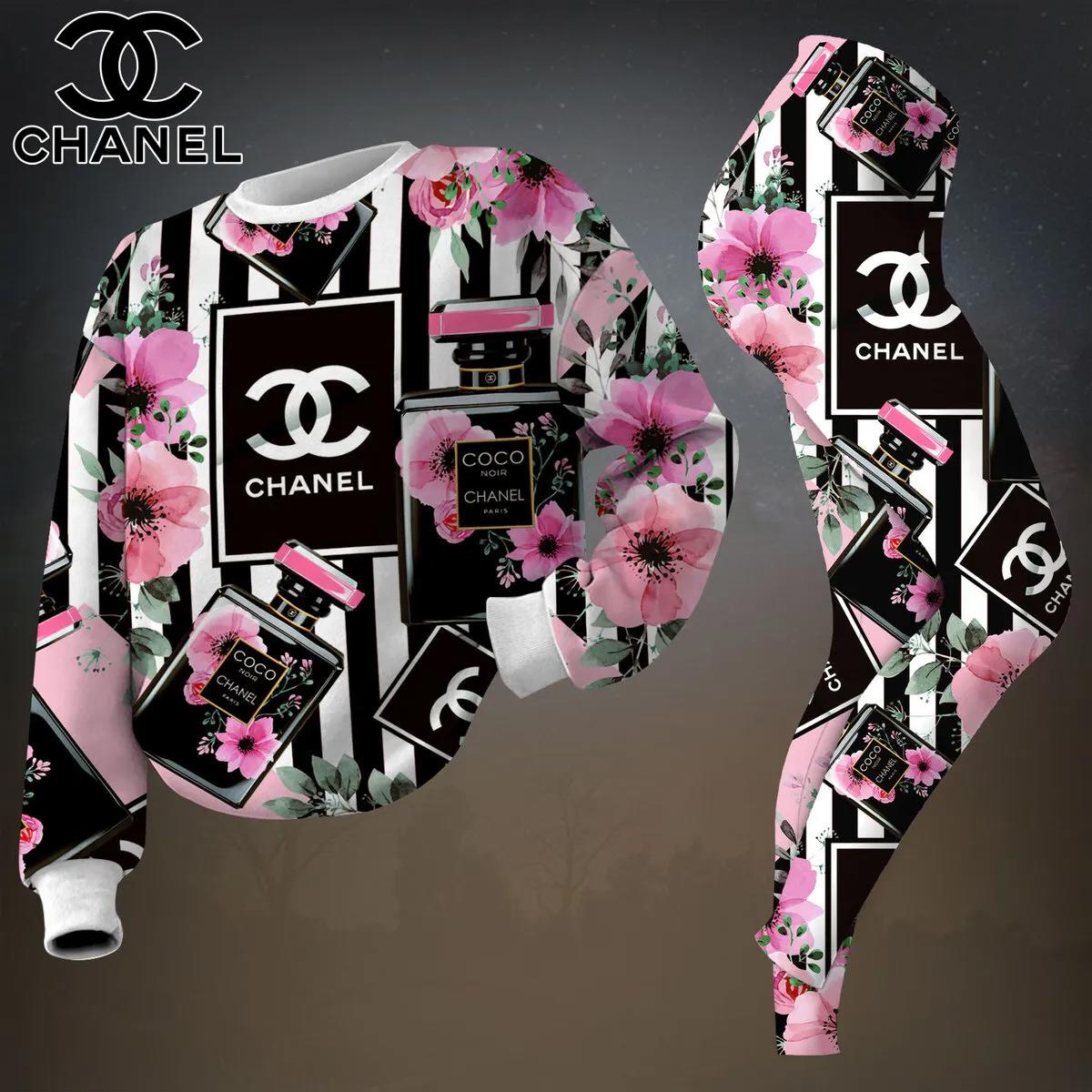 Chanel's Iconic Floral & Black Stripes Sweatshirt & Leggings Set