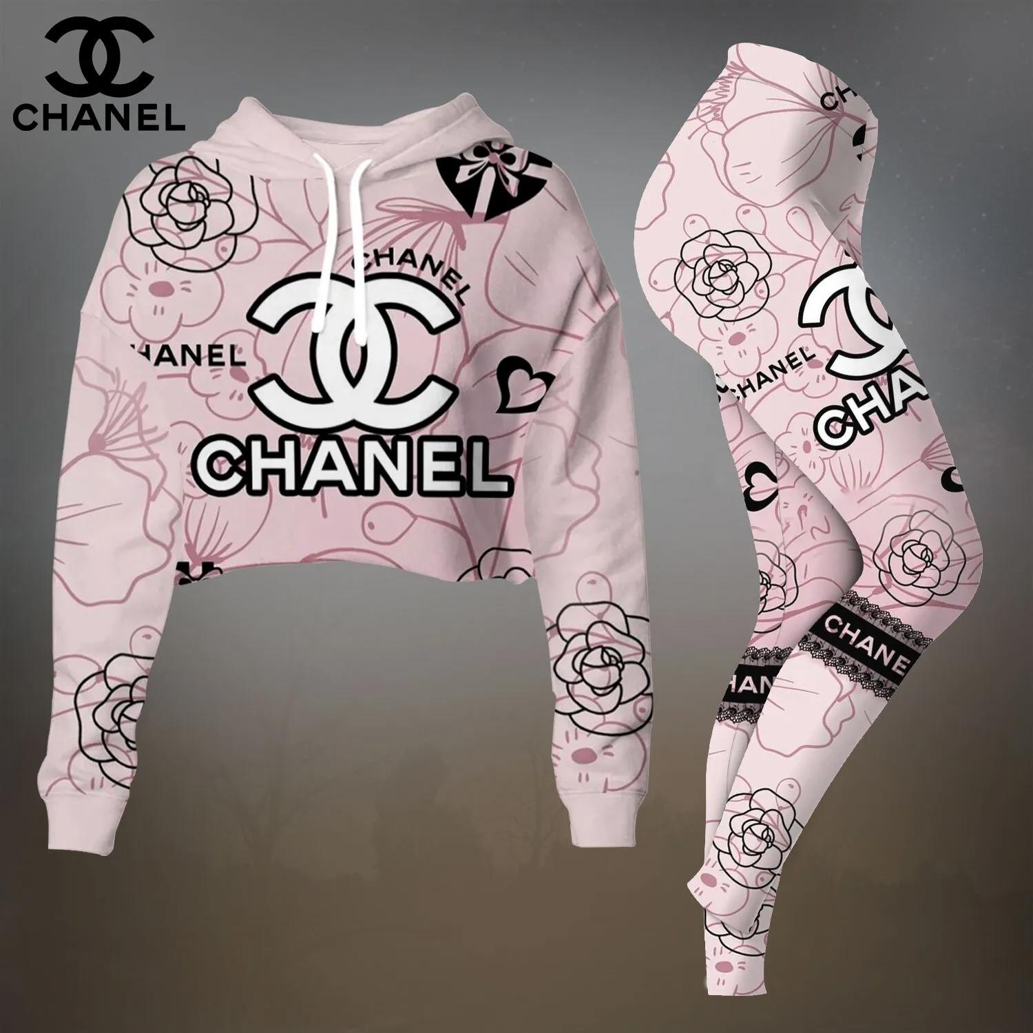 Chanel's Iconic Pink Camellia Print Crop-Top T-Shirt and Leggings Set