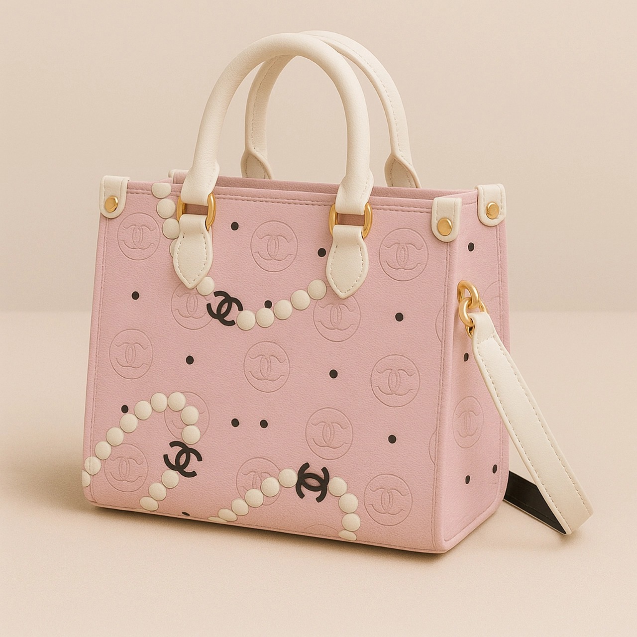 Chanel's Pastel Pink Leather Handbag with Monogrammed Detailing and Pearls