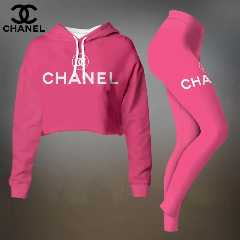 Chanel's Pink Luxe Cropped Hoodie and Leggings Set - Bold Statement Piece