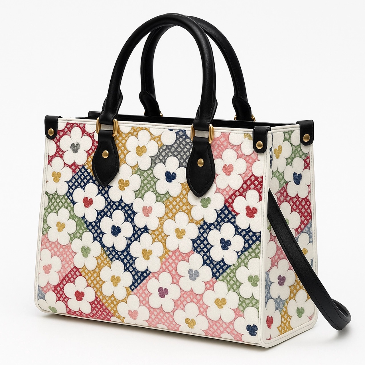 Chic Leather Handbag with Bold Floral Print and Black Handles