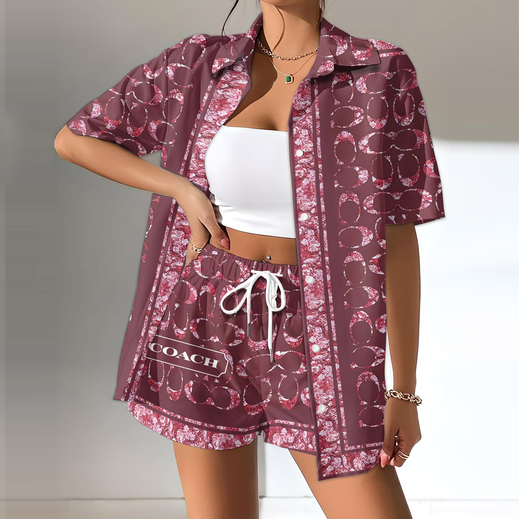 Coach Chic Floral Silk Hawaiian Shirt and Shorts Set
