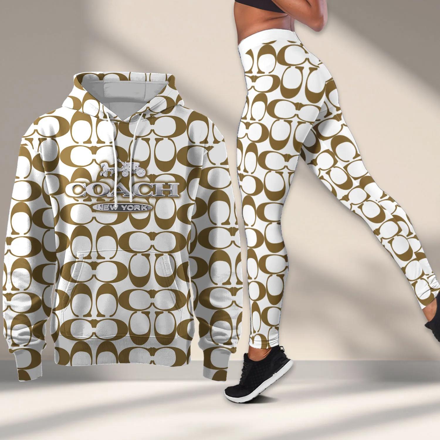 Coach Gold and White Signature Printed Hoodie & Leggings Set
