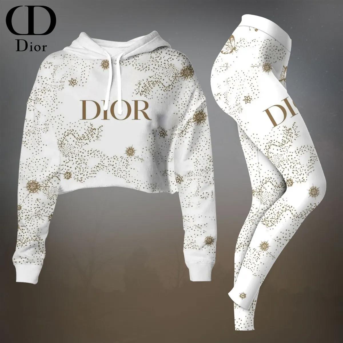 Dior Gold Confetti Printed Crop Hoodie & Leggings Set