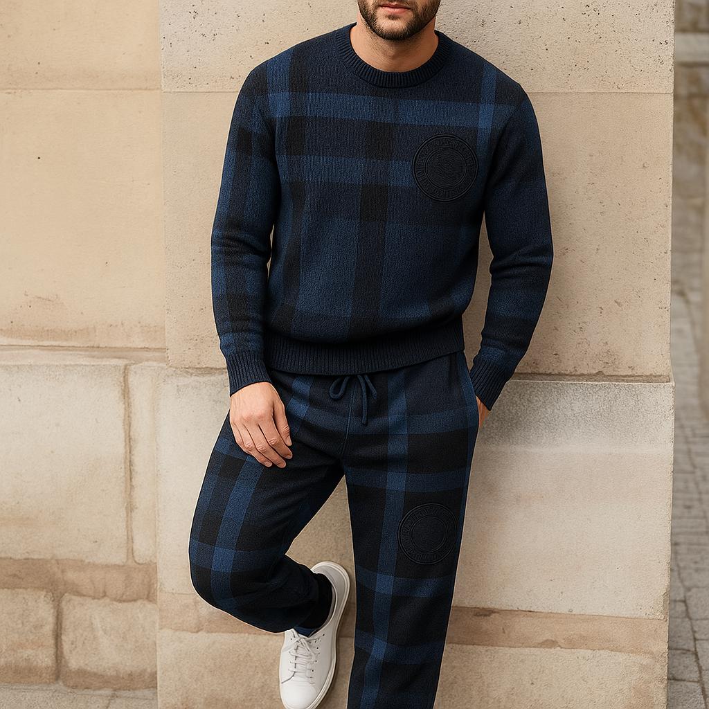 Dior Premium Plaid Sweater And Pants Set Modern Elegance Navy Blue