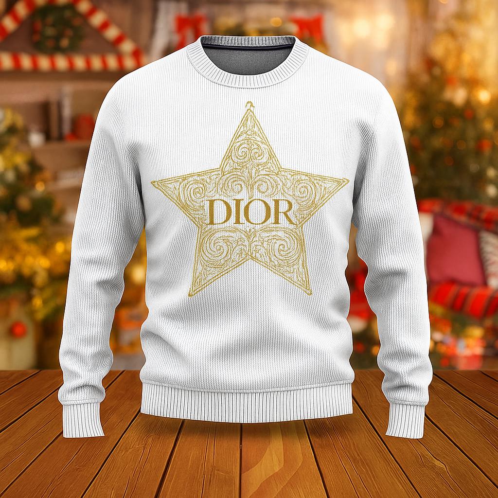 Dior Statement Sweater in White with Gold Star Logo