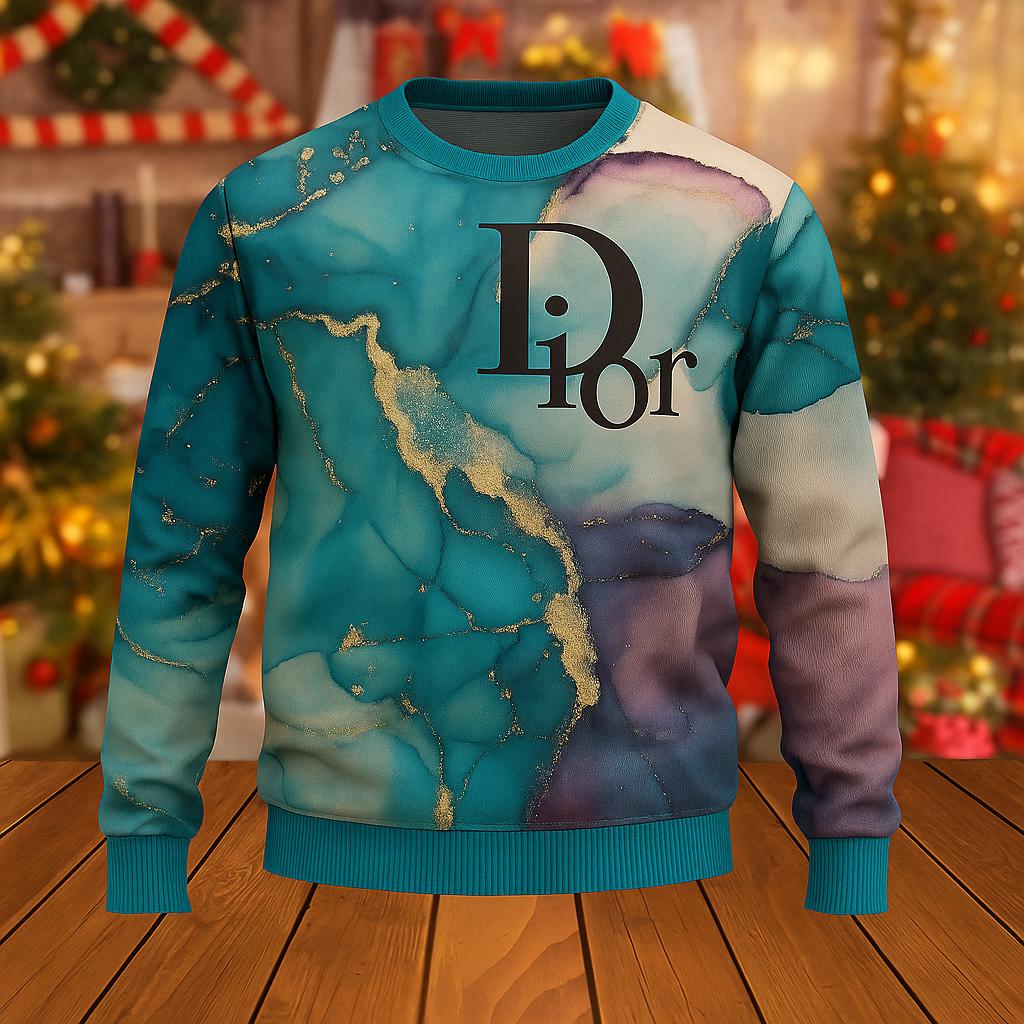 Dior Statement Sweater with Luxe Marble Print and Teal Trim