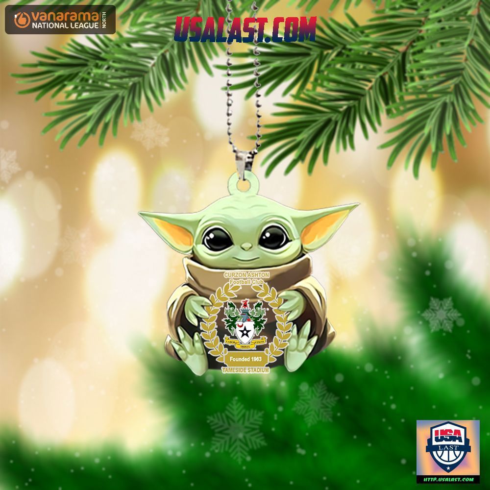 Green Baby Yoda Ornament with Curzon Ashton Football Club Badge