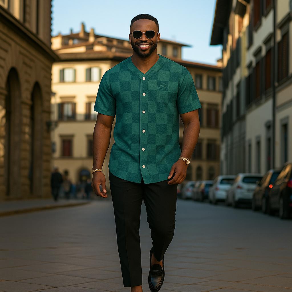 Green Checkered Baseball Jersey by Luxe Fashion Brand