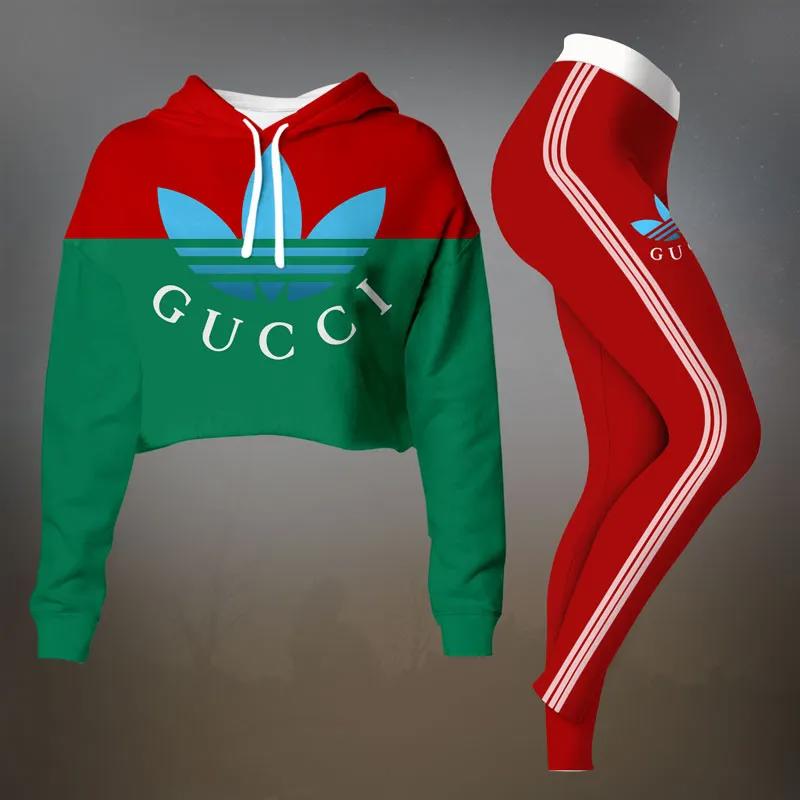 Gucci Adidas Hoodie and Track Pants Set - Red Green Statement Crop Top T-Shirt and Leggings