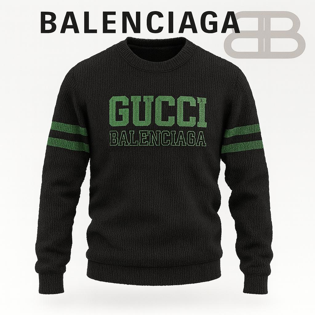 Gucci and Balenciaga Sweater | Black Ribbed Knit & Green Stripes